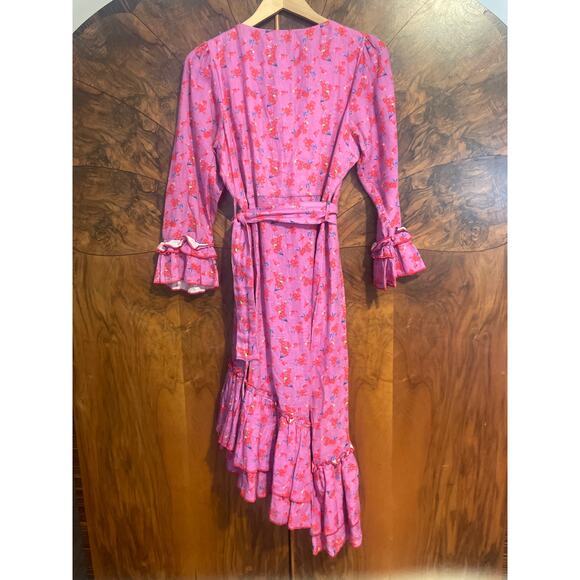 GUL HURGEL Printed Linen Midi Wrap Dress Belted Floral Ruffle Size Medium M - Picture 4 of 10